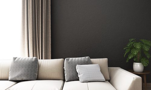 Living room with sofa and gray wall background. 3D illustration
